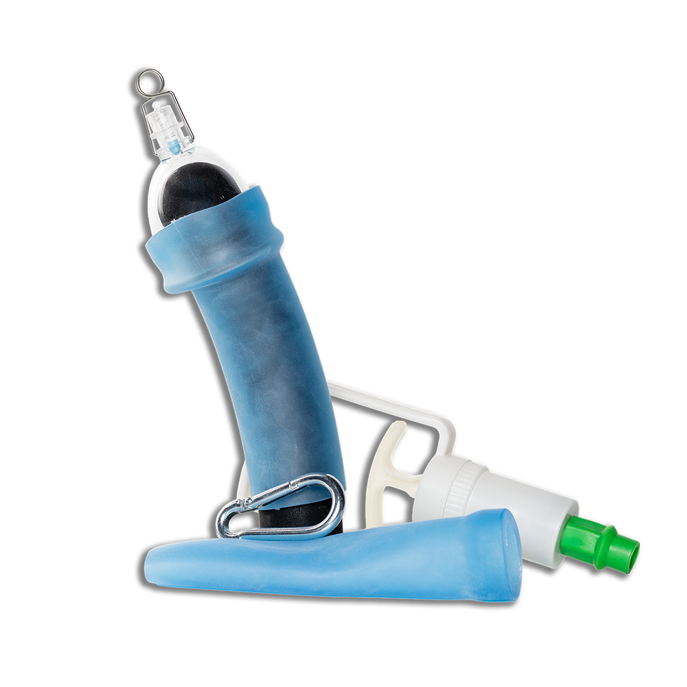 The image displays a blue vacuum hanging kit, consisting of two sleeves, a carabiner, a vacuum bell, and a suction handle, all laid out on a white background.
