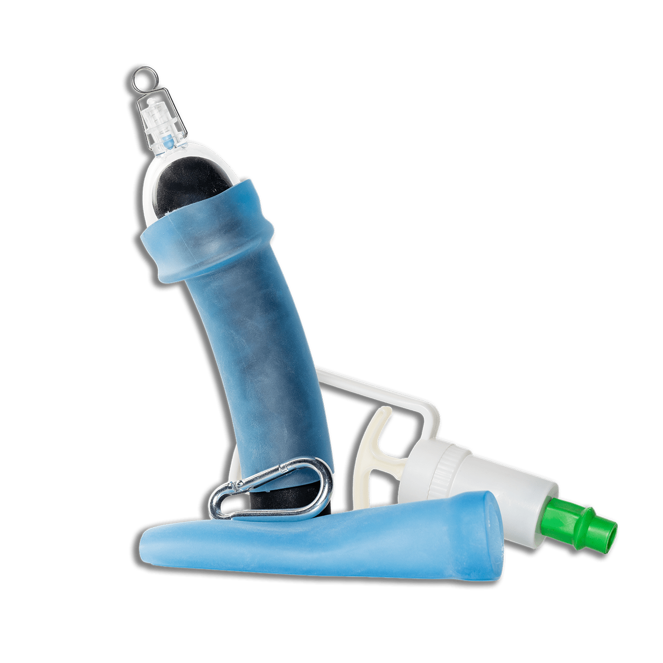 The image displays a blue vacuum hanging kit, consisting of two sleeves, a carabiner, a vacuum bell, and a suction handle, all laid out on a white background.