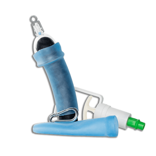 The image displays a blue vacuum hanging kit, consisting of two sleeves, a carabiner, a vacuum bell, and a suction handle, all laid out on a white background.